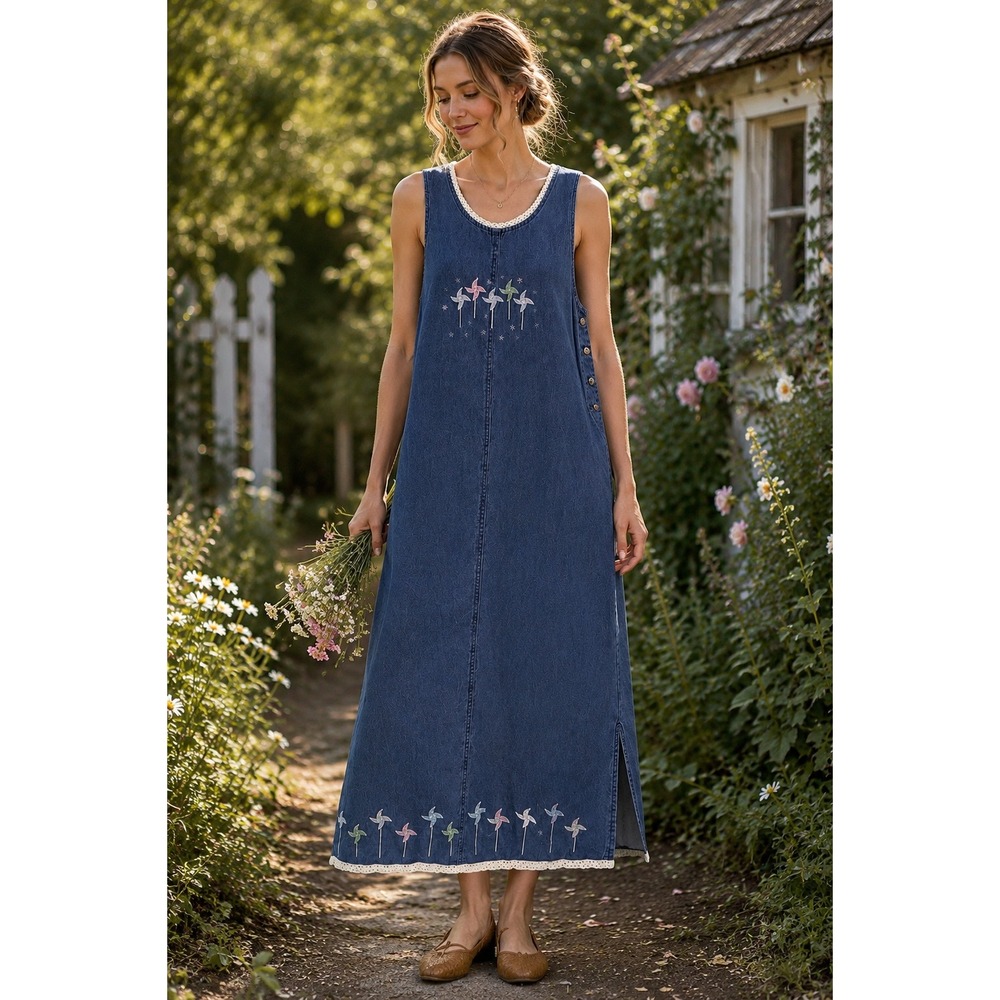 VTG Embroidered Pinwheels Denim Dress Jumper Maxi‎ M Pockets Cottagecore Teacher